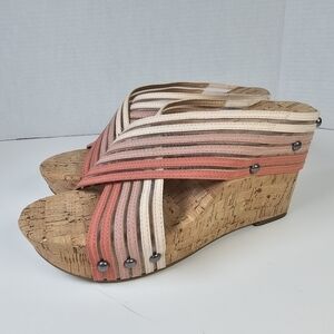 Lucky Brand Mykayla Nude Peach Criss Cross Slip On Cork Wedge Shoes